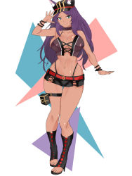 Rule 34 | 1girl, animal ears, aqua eyes, bare shoulders, belt, black skirt, boots, breasts, cleavage, closed mouth, collarbone, dark-skinned female, dark skin, fate/grand order, fate (series), hand up, hat, high heels, hip focus, knee boots, koucha indian, large breasts, legs, long hair, looking at viewer, miniskirt, navel, parted bangs, pouch, purple hair, queen of sheba (dollar-cent shop) (fate), queen of sheba (fate), skirt, smile, solo, thigh strap, thighs, toeless footwear, white background, wristband