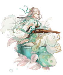 Rule 34 | 1girl, breasts, chinese clothes, dress, flower, fre (haochilanzuo), gold trim, green dress, green eyes, green ribbon, grey hair, hair ornament, hands up, hanfu, ice, ice cube, instrument, jewelry, leaf, long dress, long hair, looking to the side, multicolored clothes, multicolored dress, original, parted bangs, pendant, ribbon, seiza, shamisen, shirt, simple background, sitting, smile, solo, white background, white dress, white shirt, wind
