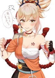 Rule 34 | 1girl, absurdres, arm tattoo, bandaged arm, bandages, blonde hair, blush, breasts, chest tattoo, choker, clenched hands, fish tattoo, frown, genshin impact, hair between eyes, hair ornament, highres, japanese clothes, kimono, medium breasts, orange kimono, sarashi, simple background, solo, speech bubble, sweatdrop, tattoo, text focus, translation request, white background, yellow eyes, yoimiya (genshin impact)