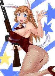 Rule 34 | 1girl, animal ears, ass, blue eyes, blush, breasts, browning automatic rifle, charlotte e. yeager, fake animal ears, fishnet pantyhose, fishnets, gun, high heels, komusou (jinrikisha), large breasts, leotard, long hair, necktie, orange hair, pantyhose, playboy bunny, rabbit ears, rabbit girl, rabbit tail, shoes, smile, solo, star (symbol), strike witches, tail, thong leotard, weapon, world witches series, wrist cuffs