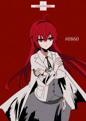 Rule 34 | 1girl, absurdres, ahoge, blouse, chihuri, closed mouth, collared shirt, crossed arms, dress shirt, grey skirt, grey vest, hair between eyes, hair intakes, highres, jacket, long hair, long sleeves, looking away, open clothes, open jacket, original, red background, red eyes, red hair, shirt, simple background, skirt, solo, very long hair, vest, white jacket, white shirt