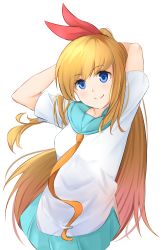 Rule 34 | 1girl, arms behind head, bad id, bad pixiv id, bare arms, blonde hair, blue eyes, breasts, chisaku, commentary request, hair ribbon, highres, kirisaki chitoge, light blue skirt, long hair, looking at viewer, medium breasts, nisekoi, pleated skirt, ponytail, red ribbon, ribbon, school uniform, shirt, short sleeves, skirt, smile, solo, upper body, white shirt