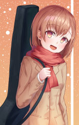 Rule 34 | 1girl, :d, bad id, bad pixiv id, blush, brown eyes, brown hair, brown jacket, commentary request, hair between eyes, hand up, head tilt, highres, holding, instrument case, jacket, long sleeves, looking at viewer, misaka mikoto, open mouth, red scarf, scarf, smile, solo, teshu, toaru kagaku no railgun, toaru majutsu no index, upper body