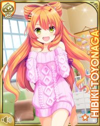 Rule 34 | 1girl, alternate costume, bare shoulders, barefoot, bedroom, black ribbon, bottomless, bow, card (medium), character name, day, fang, girlfriend (kari), green eyes, hair bow, indoors, official art, open mouth, orange hair, qp:flapper, red bow, ribbon, smile, standing, sweater, tagme, toyonaga hibiki, white sweater