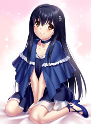 Rule 34 | 1boy, between legs, black choker, black hair, black hairband, black shirt, black skirt, blue capelet, blue footwear, blush, brown eyes, capelet, choker, closed mouth, collarbone, commentary, commission, company connection, cosplay, english commentary, eyes visible through hair, frilled capelet, frilled choker, frills, full body, hair between eyes, hairband, hand between legs, high heels, key (company), kushima kamome, kushima kamome (cosplay), little busters!, long hair, looking at viewer, naoe riki, no socks, open mouth, pink background, second-party source, shirt, shy, sidelocks, simple background, sitting, skeb commission, skirt, skull and crossbones, smile, solo, straight hair, summer pockets, tareme, trap, v arms, very long hair, wariza, wavy mouth, wig, zen (kamuro)