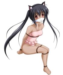 Rule 34 | 1girl, animal ears, arms behind back, artist request, bdsm, black hair, blush, bondage, bound, bound legs, bound wrists, brown eyes, cat ears, cloth gag, collarbone, dark-skinned female, dark skin, fake animal ears, female focus, gag, gagged, improvised gag, k-on!, long hair, looking at viewer, nakano azusa, over the mouth gag, over the nose gag, rope, sitting, solo, swimsuit, tan, twintails, white background