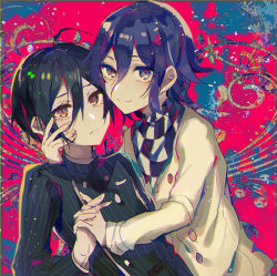Rule 34 | 2boys, ahoge, black hair, black jacket, border, brown eyes, buttons, checkered clothes, checkered neckwear, checkered scarf, commentary request, danganronpa (series), danganronpa v3: killing harmony, double-breasted, green border, grey eyes, grey jacket, hair between eyes, hand on another&#039;s face, holding hands, interlocked fingers, jacket, long sleeves, looking at viewer, male focus, multicolored background, multiple boys, oma kokichi, onko, purple eyes, purple hair, red background, saihara shuichi, scarf, school uniform, shirt, short hair, smile, striped clothes, striped jacket, upper body, yaoi