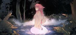 Rule 34 | 1girl, absurdres, animal ears, blush, breasts, closed mouth, commentary, completely nude, fox ears, fox girl, fox tail, genshin impact, grass, hashtag-only commentary, highres, large breasts, long hair, looking at viewer, night, nude, outdoors, pepeart, pink eyes, pink hair, pond, solo, swimsuit, tail, tree, twitter username, wading, yae miko