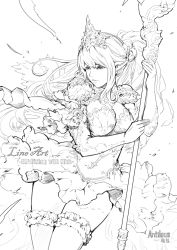 Rule 34 | 1girl, antilous, armlet, armor, braid, breasts, cape, chess piece, cowboy shot, dress, elbow gloves, elf, english text, fantasy, floating hair, frilled thighhighs, frills, gloves, greyscale, half updo, headgear, holding, holding staff, large breasts, lineart, long hair, monochrome, original, pauldrons, pointy ears, short dress, shoulder armor, simple background, solo, staff, thighhighs, zettai ryouiki