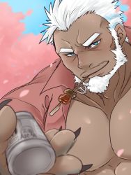 Rule 34 | 1boy, aegir (housamo), alternate costume, anchor earrings, aqua hair, bara, beard, blue eyes, blush, casual, cherry blossoms, dark-skinned male, dark skin, earrings, eating, facial hair, falling petals, fingernails, food request, foreshortening, highres, incoming gift, jewelry, large pectorals, male focus, mature male, mouth hold, multicolored hair, muscular, muscular male, nunutarou, open clothes, open shirt, pectoral cleavage, pectorals, petals, red shirt, sharp fingernails, shirt, short hair, single earring, skewer, solo, streaked hair, tokyo houkago summoners, upper body, white hair