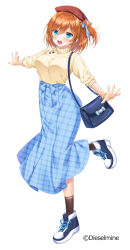 Rule 34 | 1girl, absurdres, bag, bangle, beige sweater, beret, black socks, blue eyes, blush, bracelet, breasts, copyright notice, covered erect nipples, embroidery, floral print, full body, hair between eyes, hair ribbon, handbag, hat, highres, itsuki jun, jewelry, leg up, long skirt, looking at viewer, medium breasts, medium hair, official art, one side up, open hands, open mouth, orange hair, original, outstretched arms, plaid, plaid skirt, ribbon, shoes, simple background, skirt, sleeves rolled up, smile, sneakers, socks, solo, standing, standing on one leg, sweater, sweater tucked in, turtleneck, turtleneck sweater, white background