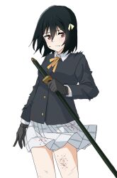 Rule 34 | 1girl, ambiguous red liquid, black gloves, black hair, black jacket, closed mouth, collared shirt, fang, fang out, gloves, hair between eyes, hair ribbon, highres, holding, holding sword, holding weapon, jacket, katana, long sleeves, looking at viewer, love live!, love live! nijigasaki high school idol club, mifune shioriko, neck ribbon, nijigasaki academy school uniform, plaid, plaid skirt, poizun (user wmgk4287), red eyes, ribbon, school uniform, shirt, short hair, skirt, solo, standing, sword, torn clothes, upper body, weapon, white background, white shirt, white skirt, winter uniform, yellow ribbon