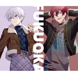 Rule 34 | 2boys, aiue o eiua, arms behind back, black jacket, blue shirt, brown background, brown jacket, commentary request, cowboy shot, english text, fur-trimmed jacket, fur trim, grey hoodie, highres, hood, hoodie, idolish7, inumaru toma, jacket, jewelry, letterboxed, looking at viewer, looking to the side, male focus, multiple boys, necklace, open mouth, osaka sougo, pants, place name, purple background, purple eyes, purple hair, purple pants, red eyes, red hair, shirt, short hair, simple background, smile, white background