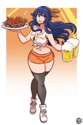 Rule 34 | 1girl, absurdres, alternate costume, beer mug, blue eyes, blue hair, breasts, cleavage, clothes writing, cup, employee uniform, fire emblem, fire emblem awakening, food, highres, hooters, long hair, looking at viewer, lucina (fire emblem), mug, navel, nintendo, no legwear, open mouth, orange shorts, restaurant, scruffyturtles, shoes, short shorts, shorts, smile, sneakers, solo, symbol-shaped pupils, tank top, thighhighs, uniform, waitress