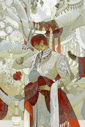 Rule 34 | 1boy, animal, cowboy shot, earrings, elephant, highres, jewelry, long sleeves, male focus, nail polish, necklace, original, profile, red hair, red theme, short hair, skull, solo, tusks, vase, white nails, white theme, xiaoquandianer