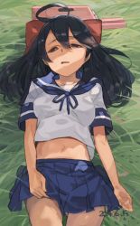 Rule 34 | 10s, 1girl, ahoge, black hair, breasts, clothes lift, dated, grass, kantai collection, long hair, looking at viewer, lying, midriff, no panties, on back, open mouth, parted lips, school uniform, serafuku, skirt, skirt lift, solo, toro (konirio), ushio (kancolle)