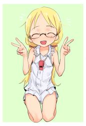 Rule 34 | 1girl, blonde hair, child, closed eyes, double v, eds, female focus, glasses, green background, highres, kneeling, low twintails, made in abyss, riko (made in abyss), semi-rimless eyewear, simple background, skirt, sleeveless, solo, twintails, v, whistle