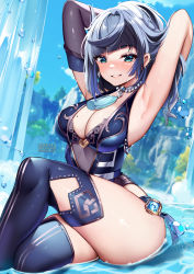 Rule 34 | 1girl, aqua eyes, armpits, arms behind head, arms up, bare shoulders, blue hair, blue sky, blue thighhighs, blush, breasts, cleavage, cloud, commentary, day, elbow gloves, english commentary, genshin impact, gloves, grin, highres, large breasts, looking at viewer, mole, mole on breast, nose blush, outdoors, revision, single glove, sitting, sky, sleeveless, smile, solo, squchan, thick thighs, thighhighs, thighs, water, yelan (genshin impact)