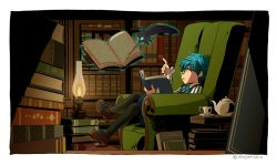 Rule 34 | 10s, 1boy, arm up, armchair, asaya minoru, bad id, bad pixiv id, black-framed eyewear, black thighhighs, blue bow, blue bowtie, blue eyes, blue hair, blue shorts, blue vest, book, bookshelf, boots, bow, bowtie, brown footwear, chair, collared shirt, crossed legs, cup, fate/extra, fate/extra ccc, fate (series), glasses, hans christian andersen (fate), holding, holding book, library, long sleeves, magic, male focus, oil lamp, open book, parted lips, pointing, profile, puffy shorts, quill, saucer, shirt, shorts, sitting, solo, striped clothes, striped shirt, teacup, teapot, thighhighs, twitter username, vest