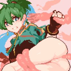 Rule 34 | 1girl, 1other, anal, animated, animated gif, ass, blue eyes, bound, captured, censored, earrings, fire emblem, fire emblem: the blazing blade, green hair, jewelry, looking back, looping animation, lyn (fire emblem), momiahair, monster, nintendo, pink background, pixel art, rape, simple background, solo focus, tentacles, torn clothes