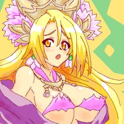 Rule 34 | artist request, blonde hair, blush, breasts, character request, earrings, jewelry, large breasts, long hair, lowres, nipple slip, nipples, oekaki, open mouth, solo, yellow eyes