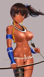 Rule 34 | 1girl, alternate skin color, armband, arrow (projectile), blue ribbon, blue wristband, bow (weapon), breasts, brown eyes, brown hair, closed mouth, collar, collarbone, cowboy shot, dark-skinned female, dark skin, ear piercing, grey background, hair ribbon, highres, holding, holding bow (weapon), holding weapon, inverted nipples, kaga (kancolle), kantai collection, large areolae, large breasts, navel, nipples, panties, pantyhose, piercing, ribbon, shiny skin, side ponytail, solo, standing, string panties, thigh strap, topless, uncensored, underwear, wa (genryusui), weapon, wristband, yellow ribbon