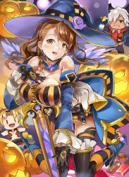 Rule 34 | 10s, beatrix (granblue fantasy), between breasts, breasts, brown eyes, brown hair, detached sleeves, eustace (granblue fantasy), gloves, granblue fantasy, halloween, hat, himuro shunsuke, large breasts, long hair, strap between breasts, sword, thighhighs, weapon, witch hat, zeta (granblue fantasy)
