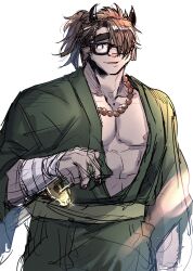 Rule 34 | 1boy, bara, bead necklace, beads, brown hair, catoblepas (housamo), doku (hitori ox), feet out of frame, furry, furry male, glasses, green kimono, hair over one eye, highres, huge eyebrows, japanese clothes, jewelry, kimono, large pectorals, long hair, male focus, muscular, muscular male, necklace, official alternate costume, pectorals, ponytail, sheath, sheathed, simple background, sketch, smile, solo, standing, sword, thick eyebrows, tokyo houkago summoners, weapon