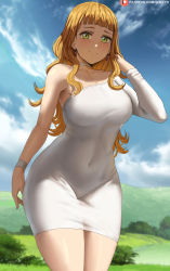 Rule 34 | 1girl, bare shoulders, black clover, blue sky, blunt bangs, blurry, blurry background, breasts, bush, choker, closed mouth, cloud, collarbone, commentary, covered erect nipples, covered navel, day, dress, earrings, green eyes, hand up, highres, hill, jewelry, large breasts, legs together, long hair, long sleeves, looking at viewer, mimosa vermillion, no bra, orange hair, outdoors, patreon logo, patreon username, shadow, shexyo, single-shoulder dress, single sleeve, sky, solo, standing, thighs, watermark, web address, white dress, wide hips
