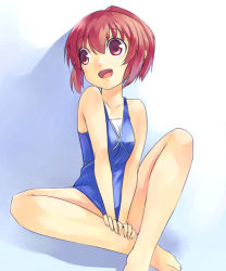 Rule 34 | 00s, 1girl, bare shoulders, barefoot, breasts squeezed together, breasts, kushieda minori, mikage sekizai, open mouth, red eyes, red hair, short hair, sitting, small breasts, solo, swimsuit, toradora!