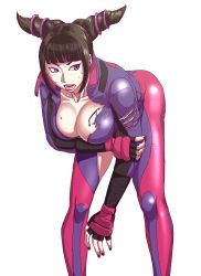 Rule 34 | bent over, blunt bangs, bodysuit, breasts, cio, cleavage, cuts, drill hair, fingerless gloves, han juri, highres, injury, large breasts, mma gloves, no bra, outline, purple eyes, scratches, solo, street fighter, street fighter v, torn bodysuit, torn clothes, transparent background, twin drills