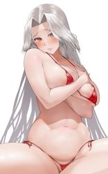 Rule 34 | 1girl, areola slip, arm under breasts, bad id, bad pixiv id, belly, bikini, blush, breasts, commentary, covering breasts, covering privates, crossed arms, embarrassed, furrowed brow, groin, heart, heart-shaped pupils, highres, labiata (last origin), large breasts, last origin, lips, long hair, looking at viewer, micro bikini, navel, no eyewear, orange eyes, paid reward available, parted bangs, parted lips, prototype labiata, red bikini, rinrin (user tvcf4347), side-tie bikini bottom, silver hair, simple background, sitting, solo, spread legs, stomach, string bikini, swimsuit, symbol-shaped pupils, white background