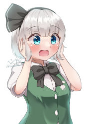 Rule 34 | 1girl, artist name, black bow, black bowtie, black hairband, blue eyes, blush, bow, bowtie, breasts, buttons, collar, collared shirt, eyes visible through hair, ghost print, green vest, grey hair, hair between eyes, hairband, hands on own face, hands up, highres, konpaku youmu, looking to the side, medium breasts, open mouth, puffy short sleeves, puffy sleeves, rital, shirt, short hair, short sleeves, simple background, solo, surprised, touhou, upper body, vest, white background, white shirt