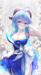 Rule 34 | 1girl, absurdres, ahoge, alternate costume, arch, arm up, bare shoulders, blue dress, blue hair, blush, breasts, cleavage, closed mouth, commentary request, cowboy shot, dress, elbow gloves, flower, ganyu (genshin impact), genshin impact, gloves, goat horns, hair between eyes, hand in own hair, highres, horns, jewelry, long hair, looking at viewer, medium breasts, necklace, pendant, pistachiocream, purple eyes, rose, sidelocks, skirt hold, sleeveless, sleeveless dress, smile, solo, strapless, strapless dress, very long hair, white flower, white gloves, white rose