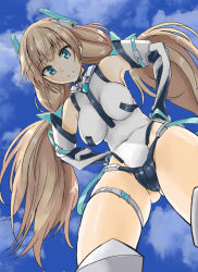 Rule 34 | 1girl, angela balzac, aqua eyes, bare shoulders, blonde hair, blue sky, breasts, cloud, cloudy sky, covered navel, cowboy shot, curvy, day, from below, hair ornament, halterneck, hands on own hips, headgear, highleg, highleg leotard, highres, impossible clothes, impossible leotard, kurosu gatari, large breasts, leaning forward, leotard, long hair, looking at viewer, looking down, low twintails, outdoors, rakuen tsuihou, sky, smile, solo, thick thighs, thigh strap, thighs, twintails, very long hair