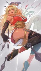 Rule 34 | 1girl, absurdres, black footwear, black gloves, blonde hair, breasts, brown cape, cape, cleavage, commission, commissioner upload, dark-skinned female, dark skin, dress, elbow gloves, eposhim, fire emblem, fire emblem: the binding blade, fire emblem heroes, from below, gloves, highres, igrene (fire emblem), kunai, large breasts, long hair, mole, mole under eye, ninja, nintendo, non-web source, official alternate costume, red dress, short dress, skeb commission, solo, thighs, torn clothes, weapon, yellow eyes