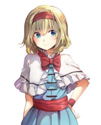 Rule 34 | 1girl, alice margatroid, blonde hair, blue dress, blue eyes, bow, capelet, dress, eyes visible through hair, frills, hairband, hand on own hip, lolita hairband, mitsunara, red bow, red neckwear, sash, short hair, short sleeves, solo, touhou, white background, white capelet