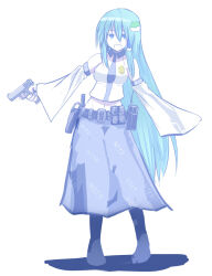 Rule 34 | 1girl, belt, belt pouch, blue eyes, blue skirt, clothes writing, detached sleeves, english text, frog hair ornament, green hair, gun, hair ornament, hair tubes, highres, holding, holding gun, holding weapon, holster, kochiya sanae, long hair, looking at viewer, onibi (foxhound4185), open mouth, police badge, pouch, shadow, simple background, single hair tube, skirt, smile, solo, touhou, trigger discipline, very long hair, walkie-talkie, weapon, white background