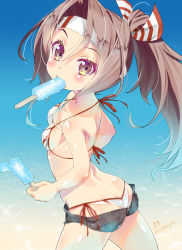 Rule 34 | 10s, 1girl, alternate costume, artist name, ass, bare shoulders, bikini, bikini under clothes, breasts, brown eyes, butt crack, colored eyelashes, commentary request, denim, denim shorts, eating, food, from above, gradient background, hachimaki, headband, high ponytail, highres, imu sanjo, kantai collection, light brown hair, long hair, mouth hold, ponytail, popsicle, shiny skin, shorts, side-tie bikini bottom, signature, small breasts, solo, swimsuit, swimsuit under clothes, whale tail (clothing), zuihou (kancolle)