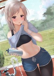 Rule 34 | 1girl, black pantyhose, blue shorts, blush, bottle, clothes lift, collarbone, commentary request, cowboy shot, dutch angle, faucet, grass, groin, gym shorts, hair ornament, hairclip, highres, holding, holding bottle, light brown hair, long hair, midriff, minato ojitan, navel, off shoulder, open mouth, original, pantyhose, pink eyes, shirt lift, short sleeves, shorts, side ponytail, sidelocks, solo, sports bra, sweat, thigh gap, thighs, water, water bottle, wristband