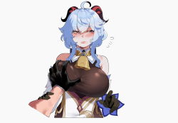 Rule 34 | 1boy, 1girl, ahoge, bare shoulders, bell, black gloves, blue hair, blush, grabbing another&#039;s breast, breasts, collarbone, cowbell, foreshortening, ganyu (genshin impact), genshin impact, gloves, goat horns, grabbing, hair between eyes, hair intakes, hand on another&#039;s arm, hetero, highres, horns, large breasts, looking away, nyantcha, parted lips, red lips, simple background, solo focus, sweat, tartaglia (genshin impact), tearing up, upper body