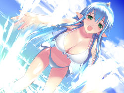 Rule 34 | 1girl, :d, armpits, bikini, blue hair, blush, breasts, cleavage, cloud, covered erect nipples, day, dutch angle, elf, fang, front-tie top, green eyes, hair between eyes, hima, horns, hudson soft, huge breasts, large breasts, long hair, looking at viewer, momotarou densetsu, navel, oni, open mouth, outdoors, outstretched arms, pointy ears, side-tie bikini bottom, sidelocks, single horn, sky, smile, solo, splashing, standing, swimsuit, wading, water, white bikini, yashahime (momotarou densetsu)