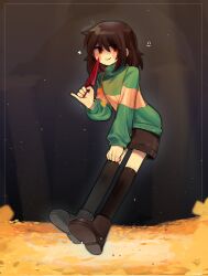 1other ankle_boots black_socks boots brown_footwear brown_hair brown_shorts chara_(undertale) closed_mouth commentary english_commentary full_body gradient_eyes green_sweater hair_between_eyes hand_on_own_thigh heart heart_necklace highres holding holding_knife ikhaw_(yuribanzai) inset_border jewelry knife long_sleeves looking_at_viewer medium_hair multicolored_eyes necklace no_pupils other_focus over-kneehighs pinky_out puffy_long_sleeves puffy_sleeves red_eyes shorts smile socks solo striped_clothes striped_sweater sweater thighhighs turtleneck turtleneck_sweater two-tone_sweater undertale yellow_sweater