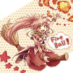 Rule 34 | 1girl, arche klein, belt, broom, broom riding, detached sleeves, fireball, long hair, long sleeves, namuko, open mouth, ponytail, red eyes, red hair, skirt, smile, solo, star (symbol), tales of (series), tales of phantasia, very long hair, wide ponytail