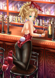 Rule 34 | 1girl, alcohol, animal ears, ass, back, backless leotard, bar (place), black leotard, black pantyhose, blonde hair, bottle, bow, bowtie, breasts, champagne flute, commentary, commission, cup, detached collar, drinking glass, fake animal ears, fake tail, fate/grand order, fate (series), green eyes, grin, high heels, highres, holding, holding cup, indoors, kein hasegawa, kneeling, leaning forward, leotard, medium breasts, medium hair, mordred (fate), on chair, pantyhose, playboy bunny, ponytail, rabbit ears, rabbit tail, red footwear, red leotard, smile, solo, sparkle, strapless, strapless leotard, tail, wrist cuffs
