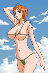 Rule 34 | 1girl, areola slip, armpits, arms up, bare shoulders, bikini, black eyes, breasts, cloud, covered erect nipples, female focus, large breasts, legs, micro bikini, nami (one piece), navel, one piece, orange hair, outdoors, pirate, short hair, sky, smile, solo, standing, swimsuit, tattoo, x bokkis