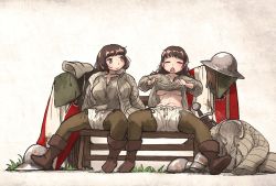 Rule 34 | armor, belt, bloomers, boots, brown hair, clothes lift, gambeson, gloves, helmet, hot, ironlily, lifting own clothes, long hair, medieval, multiple girls, open clothes, original, scabbard, sheath, shirt lift, sitting, sweat, sword, toned, underwear, weapon