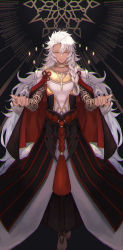 Rule 34 | 1boy, absurdres, arm tattoo, barefoot, black nails, bracelet, braid, closed mouth, collarbone, dark-skinned male, dark skin, expressionless, fate/grand order, fate (series), flower knot, hair between eyes, hair over shoulder, highres, jewelry, long hair, looking at viewer, male focus, nail polish, outstretched arms, side braid, single braid, sleeveless, solo, solomon (fate), tattoo, very long hair, white hair, yellow eyes, yuya (yuya0711y)