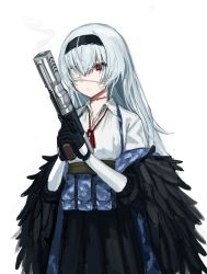 Rule 34 | 1girl, absurdres, black gloves, black hairband, camouflage, eyepatch, feather-trimmed jacket, feathers, girls&#039; frontline, gloves, gun, hairband, highres, holding, holding gun, holding weapon, jacket, kuro (zhurunbo1997), long hair, muzzle device, off shoulder, prototype design, red eyes, red neckwear, rifle-caliber handgun, rifle-caliber pistol, scar, scar on neck, shirt, silver hair, simple background, smoke, solo, thunder (girls&#039; frontline), triple action, triple action thunder, weapon, white background, white shirt