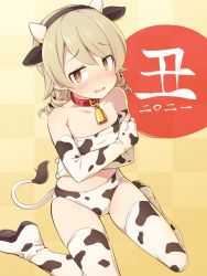 Rule 34 | 1girl, animal ears, animal print, bad id, bad pixiv id, bell, bikini, blush, boots, brown background, brown eyes, brown hair, checkered background, chinese zodiac, collar, commentary request, cow ears, cow horns, cow print, cow tail, elbow gloves, fake animal ears, fake horns, gloves, hair between eyes, horns, idolmaster, idolmaster cinderella girls, long hair, looking at viewer, morikubo nono, neck bell, nose blush, parted lips, print bikini, print footwear, print gloves, print thighhighs, red collar, ringlets, sitting, solo, sweat, swimsuit, tail, thigh boots, thighhighs, uccow, wariza, wavy mouth, white bikini, white footwear, white thighhighs, year of the ox